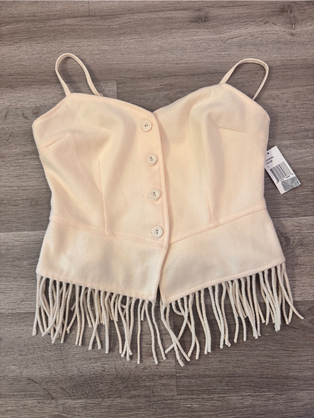 Fringe Button-Front Crop Top in Soft Cream
